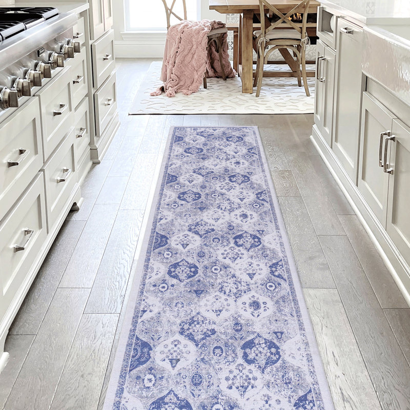 2'6''X10' Blue Washable Rug, Low-Pile Non-Slip Non-Shedding For Kitchen Dining Room Bedroom, Long-Lasting, & Pet Runner Rug Area Washable, Bedroom Living Kitchen, Foldable, Compatible Mat