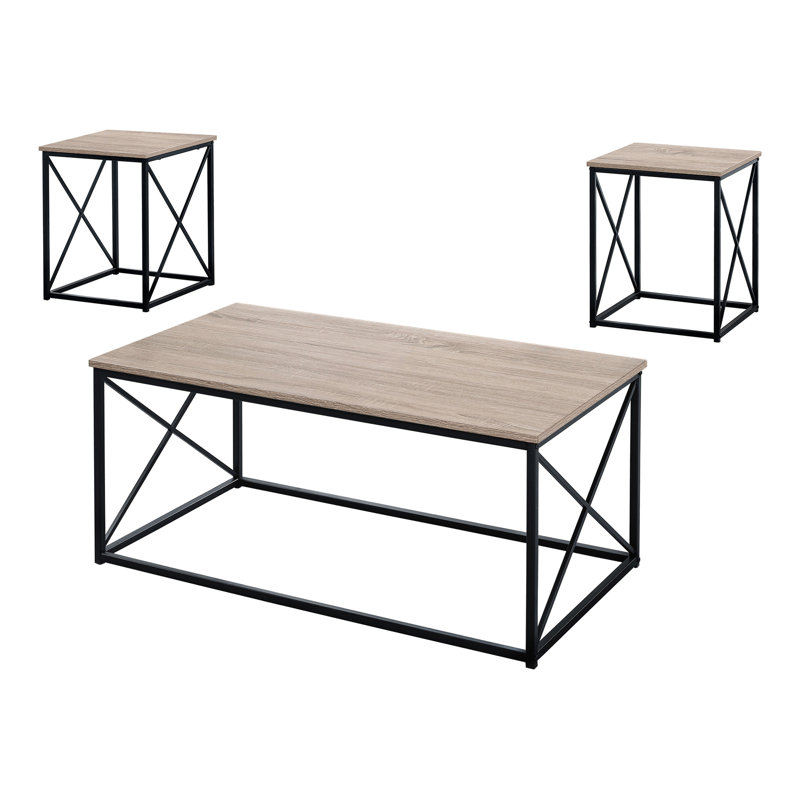 Ensemble de table, ensemble de 3 pièces, café, bout, côté, décor, salon, stratifié brun, métal noir, contemporain, moderne