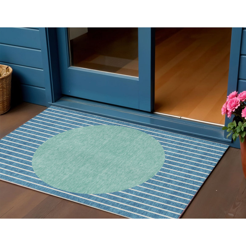 HomeRoots 3' X 5' Teal Blue And Aqua Striped Washable Indoor Outdoor Area Rug