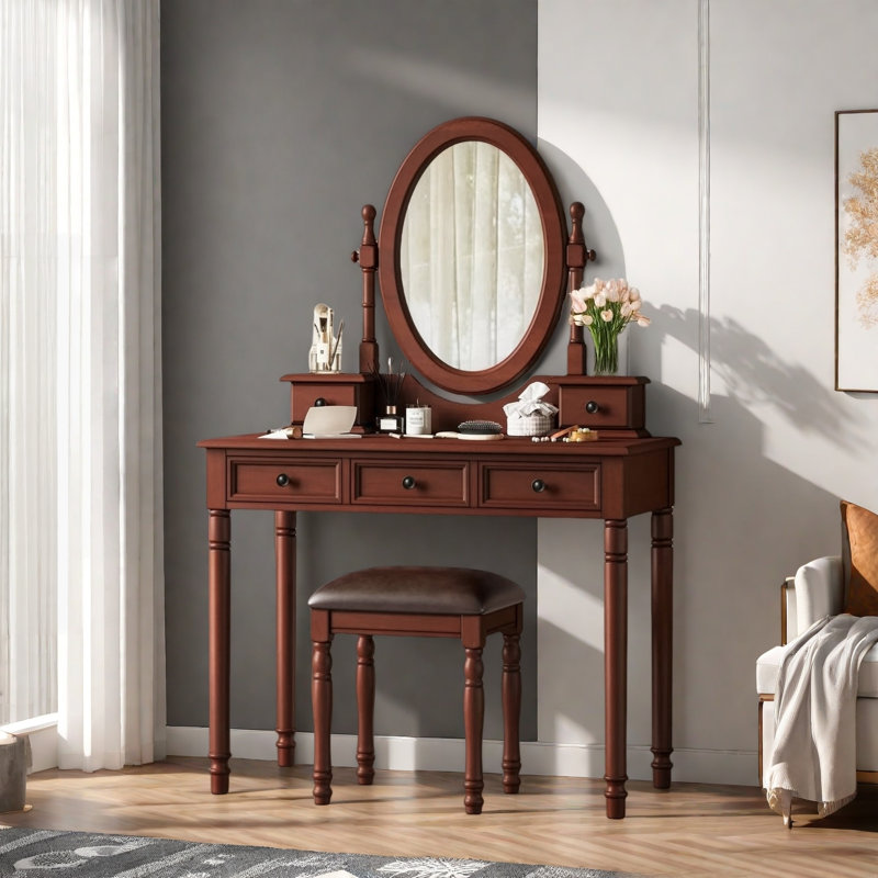 Bureau de coiffeuse avec miroir à angle réglable, tabouret rembourré et 5 tiroirs, Noyer