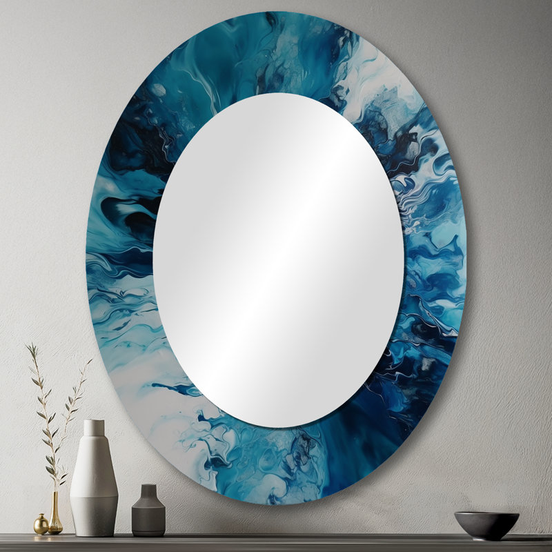 Bleu sarcelle et noir fantaisie aquatique I - miroir abstrait, miroir mural moderne unique, impression d'art en métal, Ovale