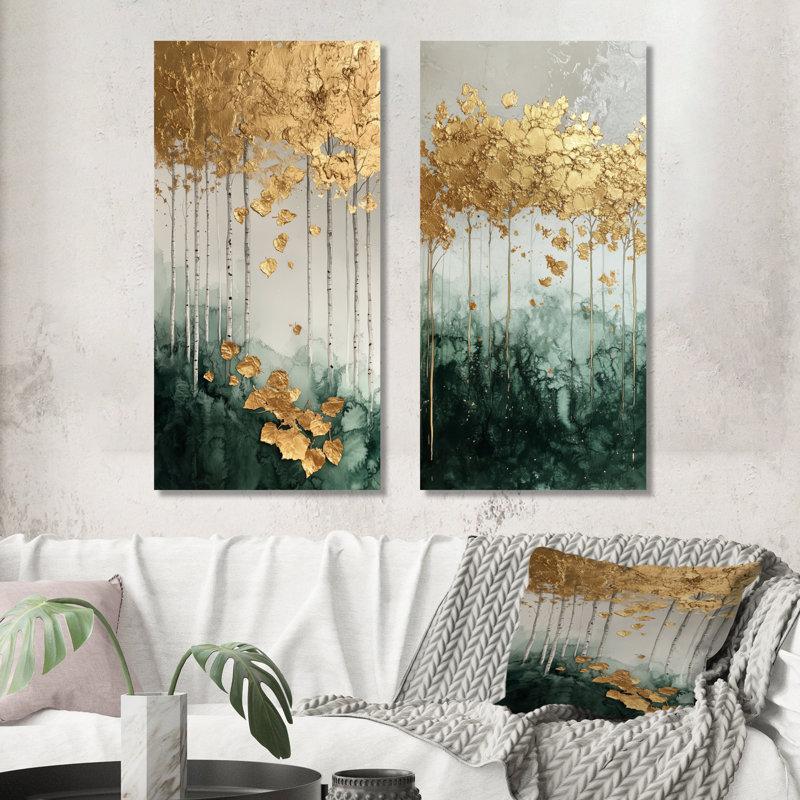 Ligne élégante Forêt dorée - Impressions sur toile en 2 pièces forêt, 32" H x 32" W, Wrapped Canvas
