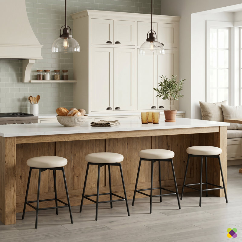 Swivel Upholstered Counter Stool with Metal Frame, Beige
