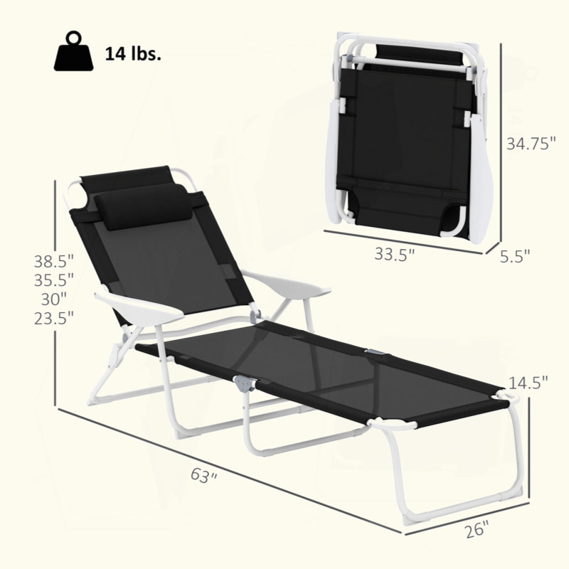 Chaise de bronzage d'extérieur, chaise longue pliante, Noir