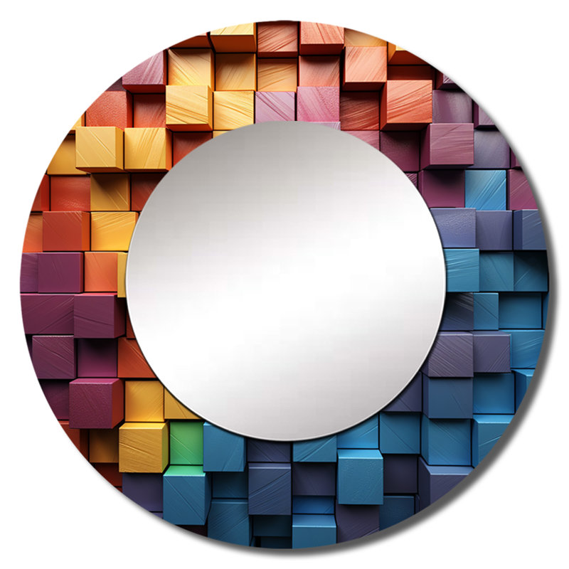 «Rosanell Rainbow Cubic Wood Spectrum», miroir mural décoratif de formes abstraites, miroir rond moderne, impression d'art en métal