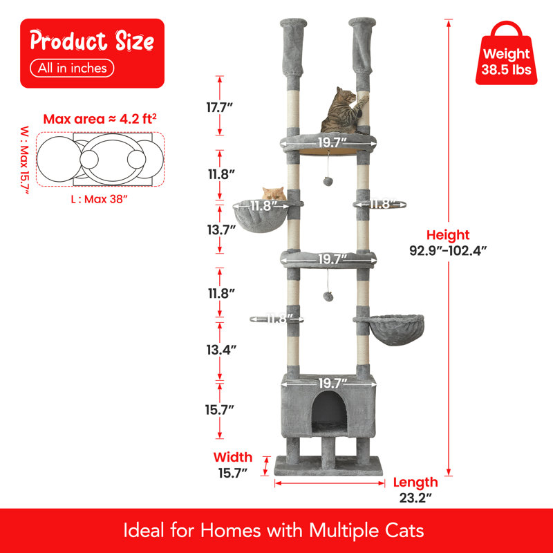 Tour pour arbre à chat à hauteur réglable de 92,9 po à 102,4 po, Gris clair