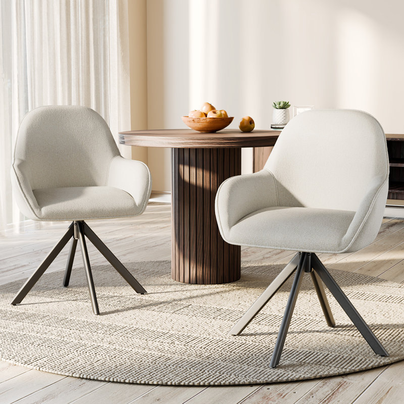 Set of 2 Swivel Dining Chairs, Faux Linen Upholstered with Metal Legs, Rotating Seat, Beige