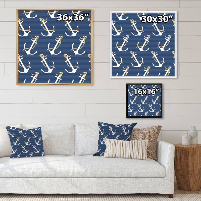 Motif d'ancres - peinture, H 16 po x l 16 po, Cadre flottant noir