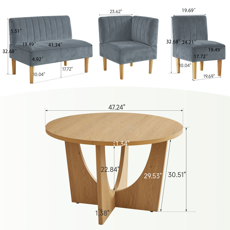 Ensemble de salle à manger 6 pièces avec table et 5 chaises en velours, Gris