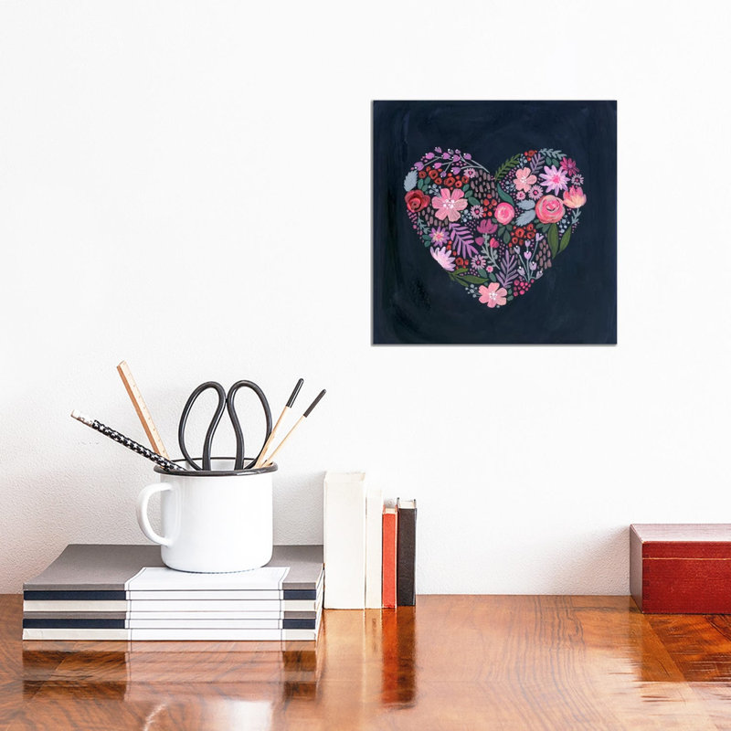 Floral Heart On Navy by Stephanie Corfee - Gallery-Wrapped Canvas Giclée on Canvas, 30.48 cm H x 30.48 cm W, Canvas