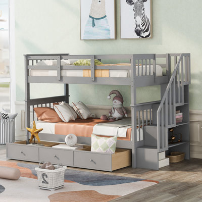 Stairway Twin-Over-Twin Bunk Bed With Three Drawers For Bedroom, Dorm - Gray(Old SKU: LT000309AAE)