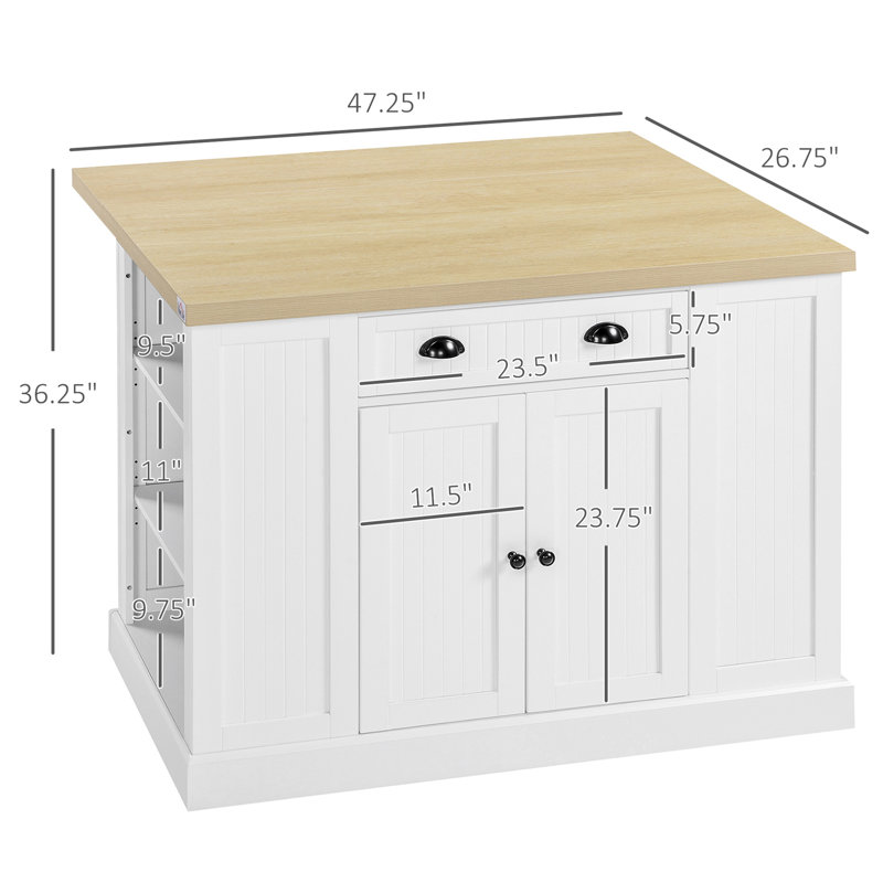 Îlot de cuisine 47 po, blanc, avec solutions de rangement modernes