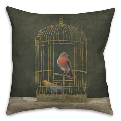 Coussin intérieur / extérieur doré avec oiseaux sur fond vert
