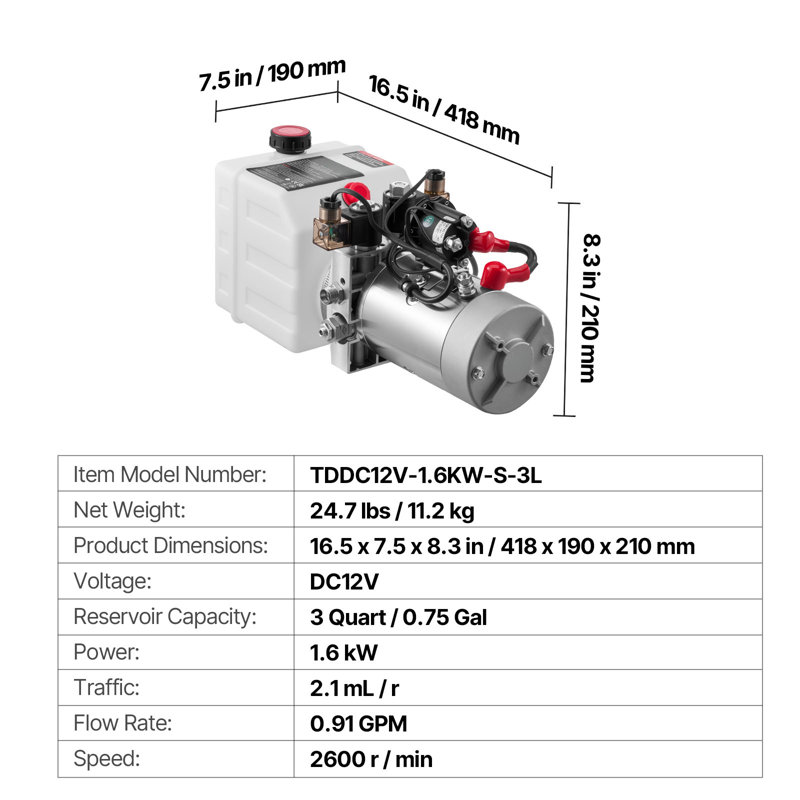 Unité hydraulique de 3 pintes, pompe de remorque à double effet, pression de surpression maximale de 3200 PSI et débit de 0,91 GPM, pompe hydraulique à courant continu de 12 V avec réservoir en métal pour le levage de la voiture