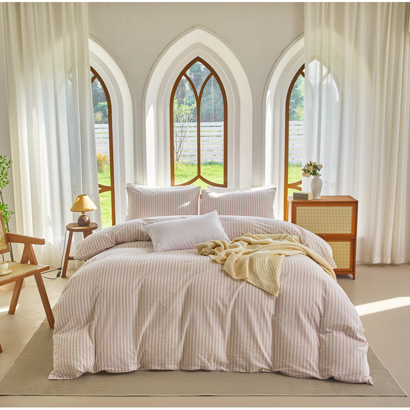 XINMIANFANG Striped Duvet Cover Set 100% Washed Cotton Linen Like Textured Bedding Set 3 Pcs Comforter Cover for All Seasons