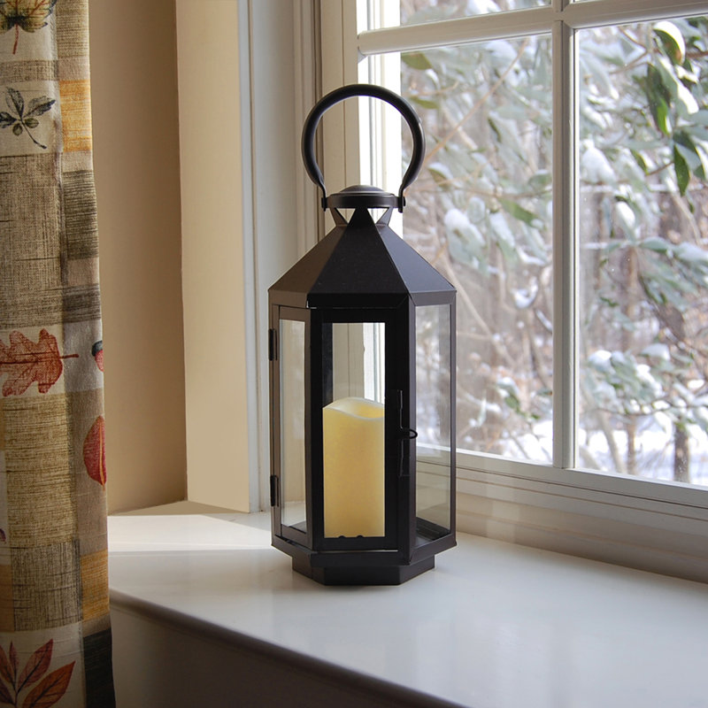 Black Hexagon Metal Lantern with Amber LED Candle
