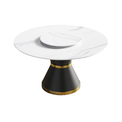 53" Round Sintered Stone Table - Accommodates 6, Base, Low Maintenance Surface, 23.62" Turntable Modern Dining Stone, Black Iron To Stains & Burns,