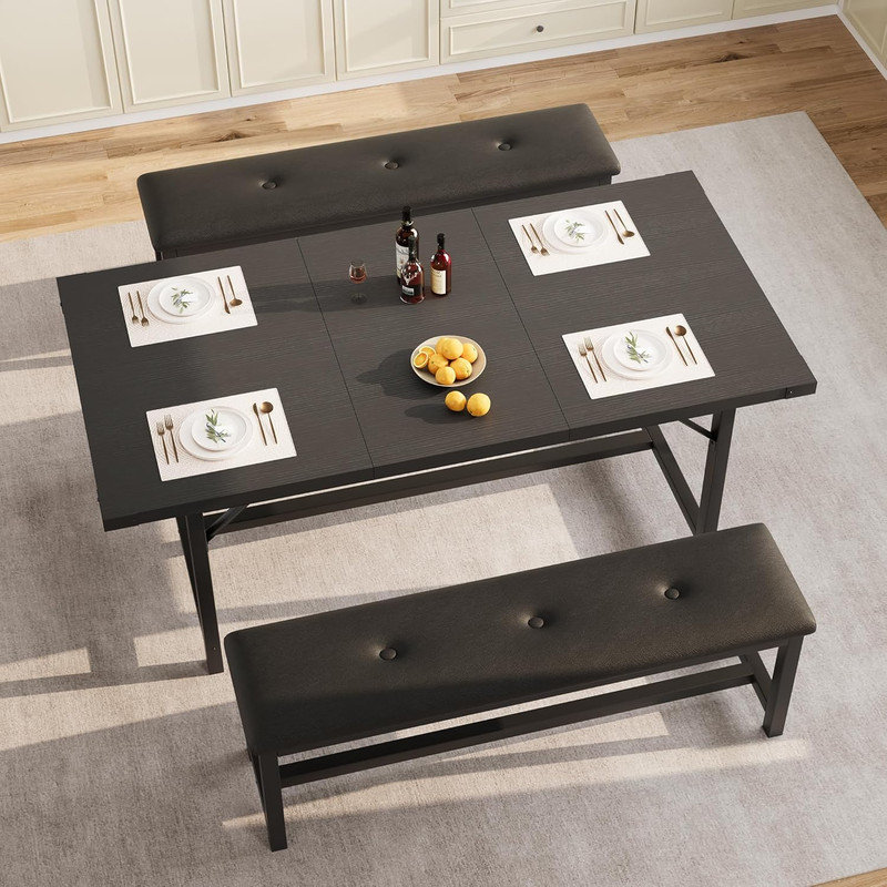 Dining Table Set for 4-8, 63" Extendable 3-Piece Set with 2 Upholstered Benches – Large Rectangle Kitchen Table with Metal Frame for Space-Saving in Apartments