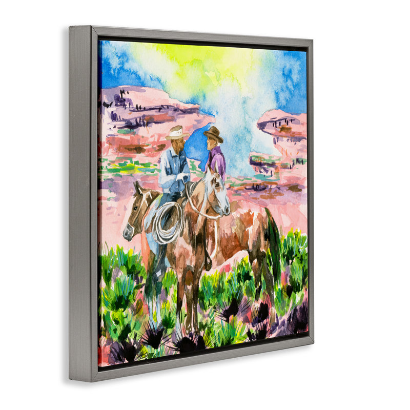 «Cowboy Duo in Canyon», toile murale encadrée par Melissa Wang, H 18 po x l 18 po, Cadre flottant gris lustré