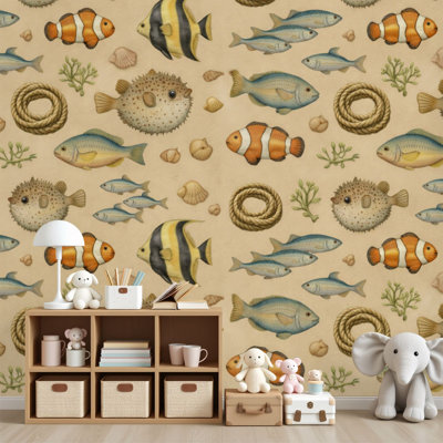 Peel and Stick Wallpaper Seamless Vintage Fish Colorful Tropical Fish Beige Wall Murals 69"H x 96"W Removable PVC Wall Paper Self-Adhesive Wall Decor for Bedroom Living Room Home Office