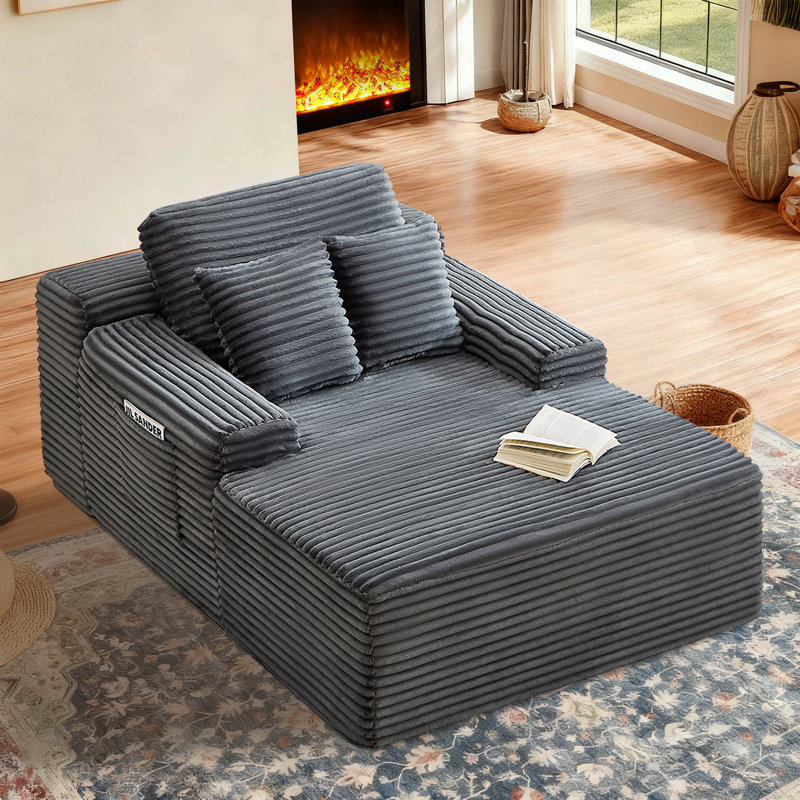 Boneless 49" Modern Soft Corduroy Chaise Lounge Upholstered Sleeper Sofa Bed, No Assembly Required Floor Boneless Sofa, Gray