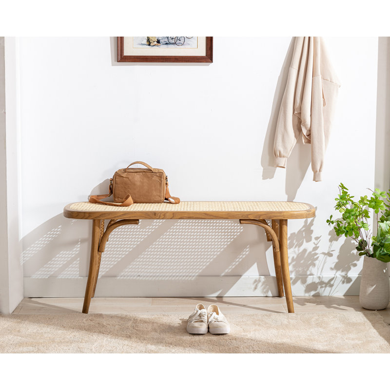 Rattan bench with wooden legs,, Beige