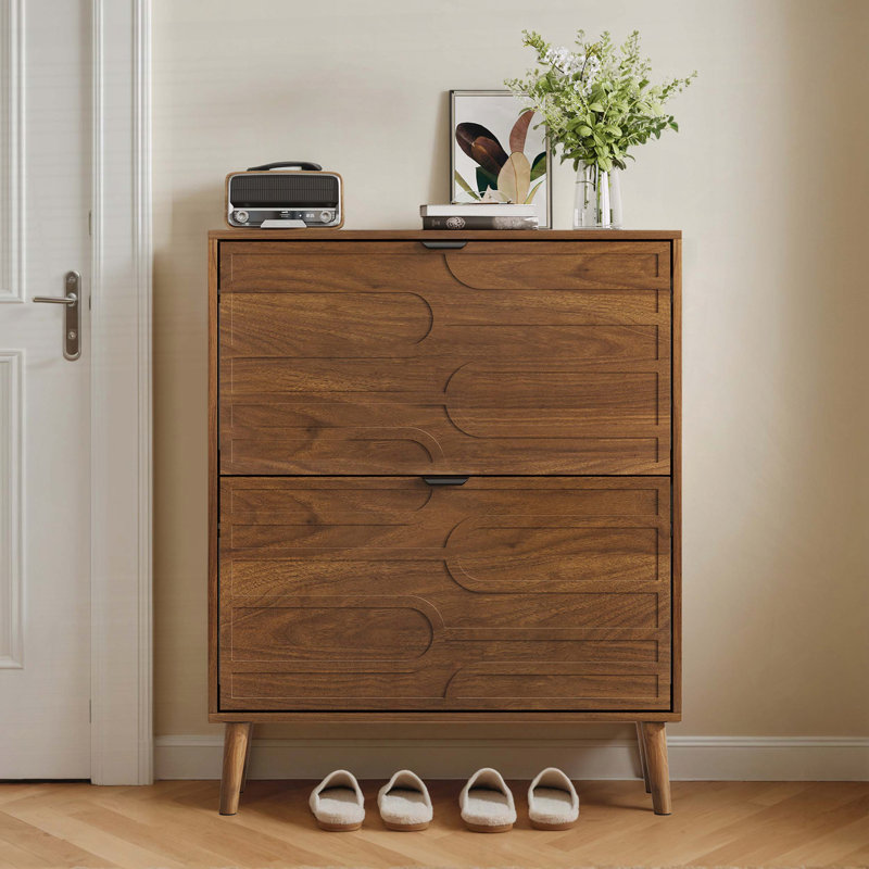 Armoire à chaussures Mid-Century moderne avec tiroirs rabattables et pieds en bois massif