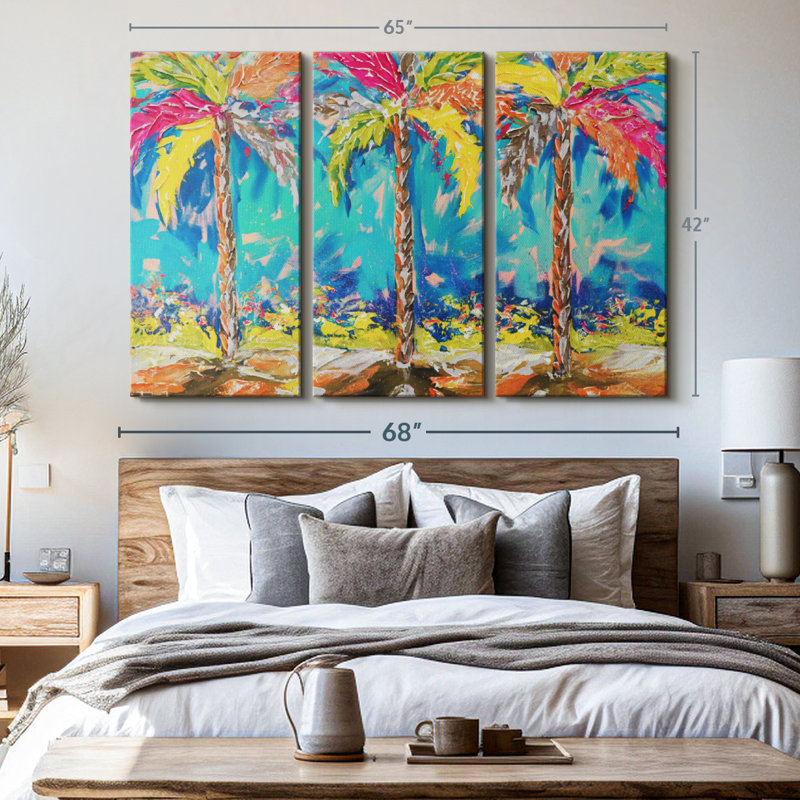 «Summer Tropical Palms», 3 pièces sur toile, H 42 po x l 65 po x P 1,25 po