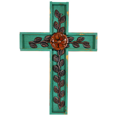 Inlay Metal Leaves on Wood Hanging Wall Cross