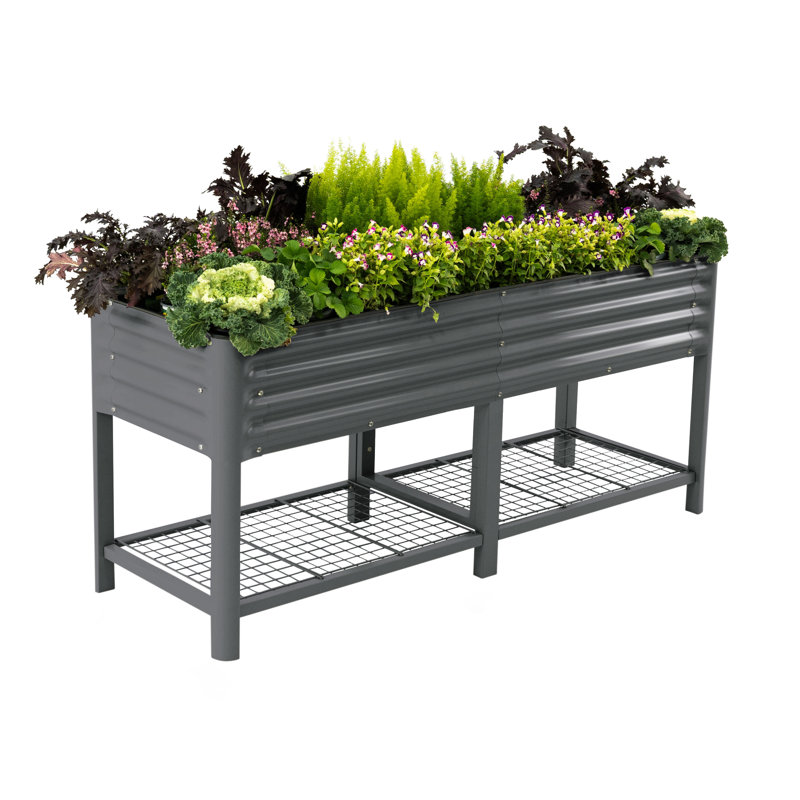 32" Tall 72" Long Metal Outdoor Elevated Planter, Modern Gray
