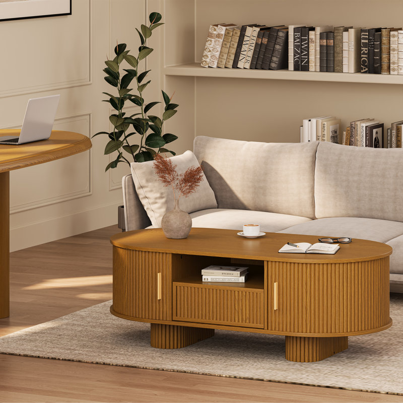 Table basse 47,2 "ovale avec rangement caché, table de centre cannelée de style Mid-Century moderne avec tiroir et portes tambour rondes