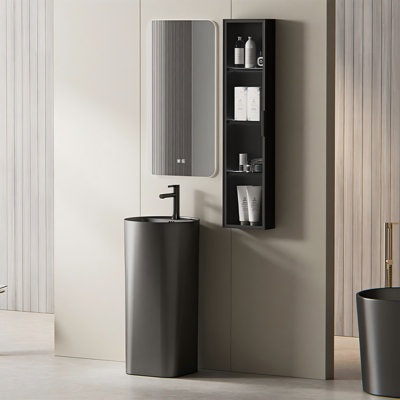 Lavabo rond sur pied en céramique noire avec miroir intelligent