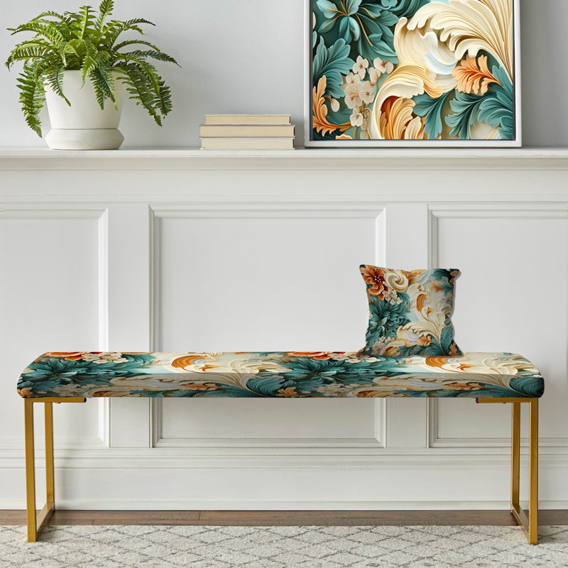 Banc rembourré Paisley, Blue And Beige Delicate Vibrant Floral Blooms