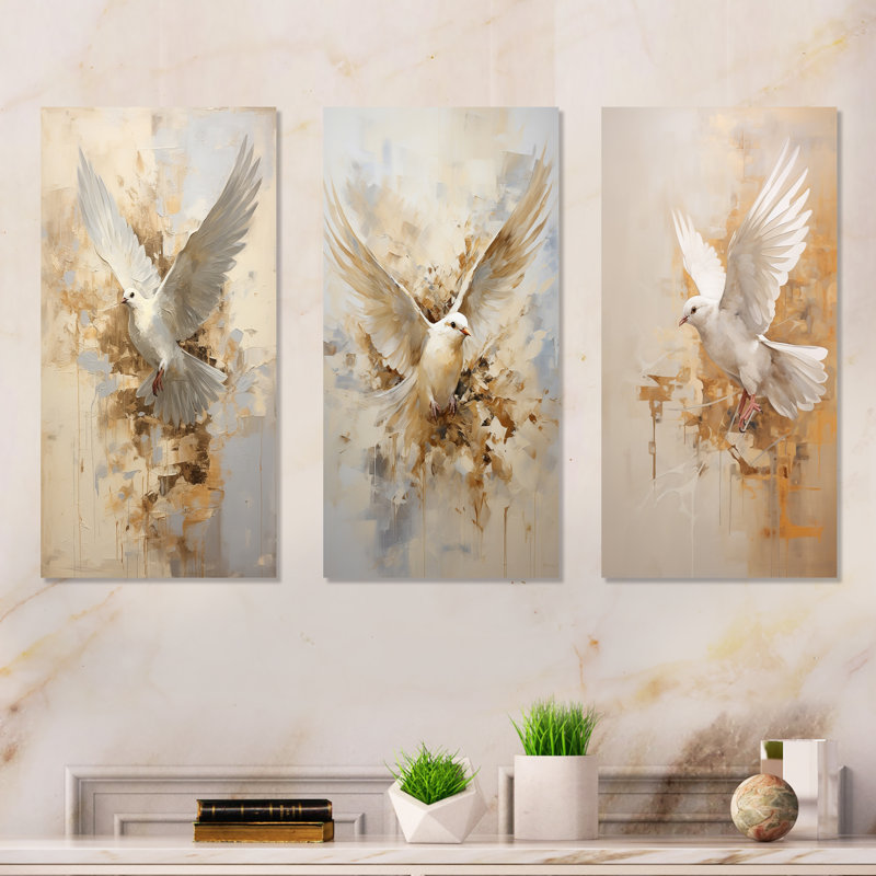 Minimalisme beige et colombe dorée - ensemble de 4 reproductions d'art mural colombe, Toile tendue, H 40 po x l 60 po