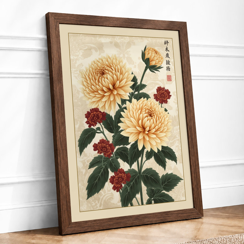 Chrysanthemum Study Botanical - Framed Print, A4 - 29.7 x 21.0 cm, Walnut