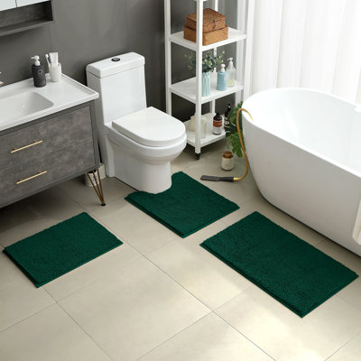  3 Pieces Bathroom Rugs, Ultra Soft Non Slip Absorbent Chenille Toilet Bath Mat Set (Dark Green,17"x24"+20"x32"+U Shape 20"x24")