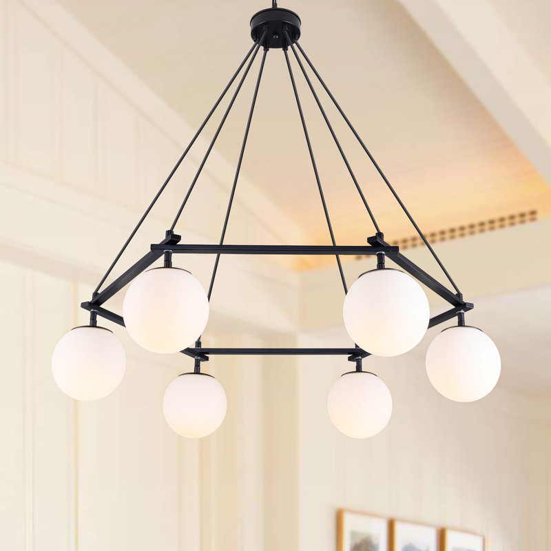 Nedek 6-Light Modern Round Pendant Glass Chandelier With Geometric Frame, Matte Black