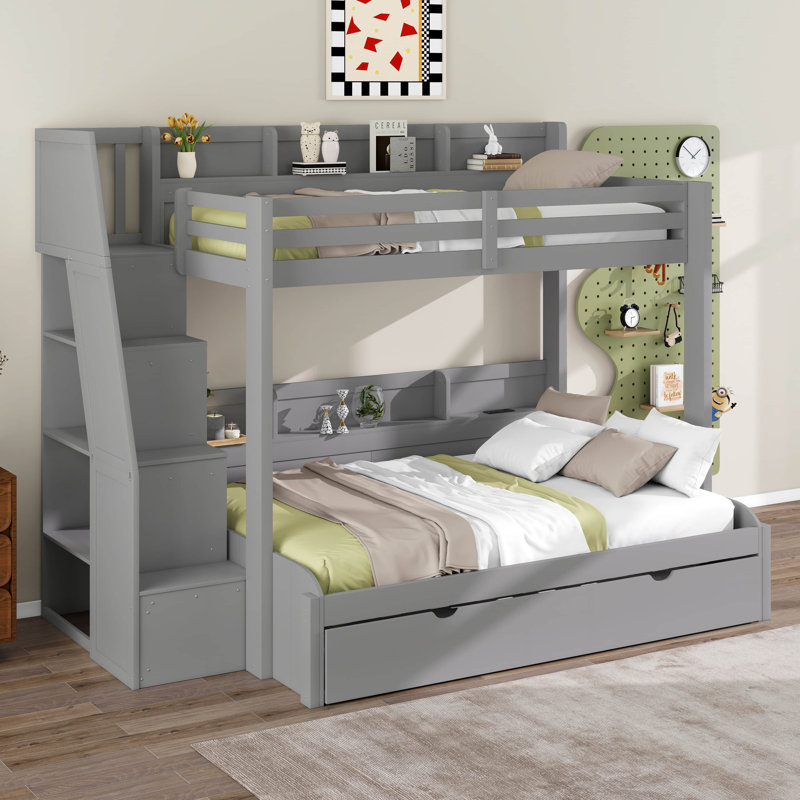 Lit simple superposé au dessus d'un lit double avec escalier de rangement, lit gigogne, tablettes de rangement, cadre de lit superposé avec éclairage à DEL et USB pour enfants