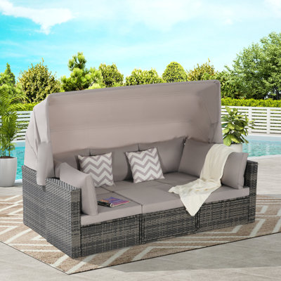 5 Pieces Outdoor Patio Wicker Daybed Furniture Set with Retractable Canopy, Storable Side Table, and Soft Cushions for Relaxing in Your Backyard or Porch