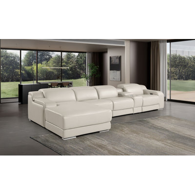 Cream Left-Facing 5-Piece L-Shaped Sectional In Top-Grain Italian Leather With 3 Power Recliner & Adjustable Headrests