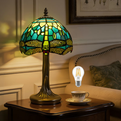 14.5" Modern Art Table Lamp with 8" Stained Glass Lampshade,In-Line On/Off Switch, LED Bulb Included, Aluminum Alloy Base, for Desk, Nightstand, Living Room, Bedroom, Study