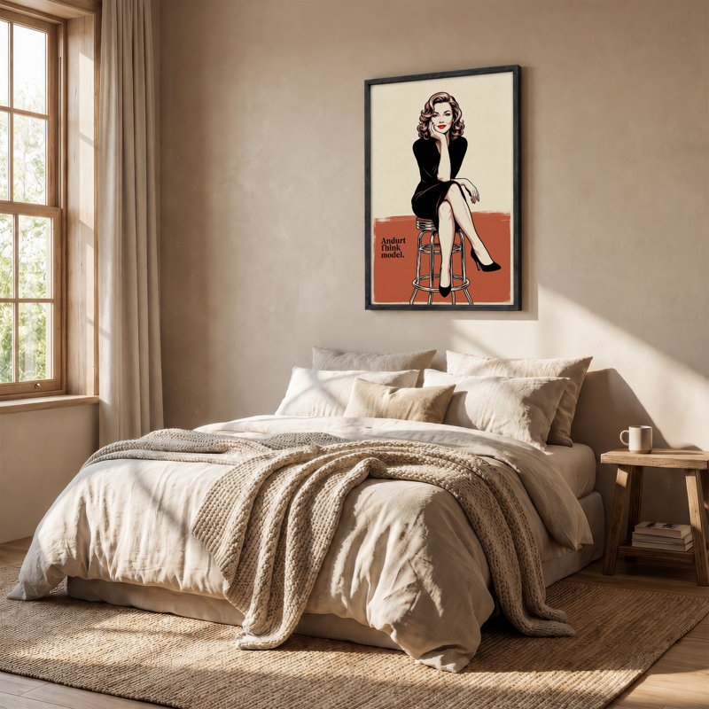 Toile rétro, femme en robe noire assise sur un tabouret, 48"H x 32"W