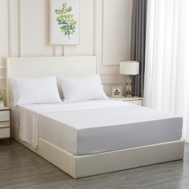 Ensemble de draps en rayonne de bambou 400 fils avec poche extra profonde 400 fils, Très grand lit, Fibre blanche et bambou