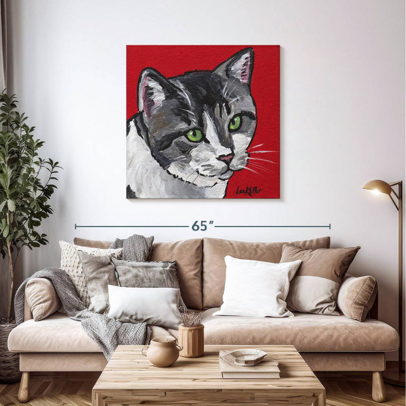 Chat tigré Brampt sur fond rouge, H 39 po x l 39 po