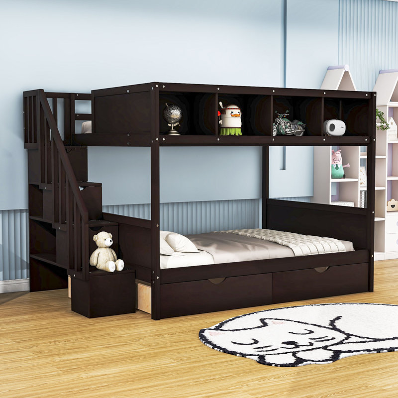 Godo Kids Twin Over Full Bunk Bed with Drawers, Espresso