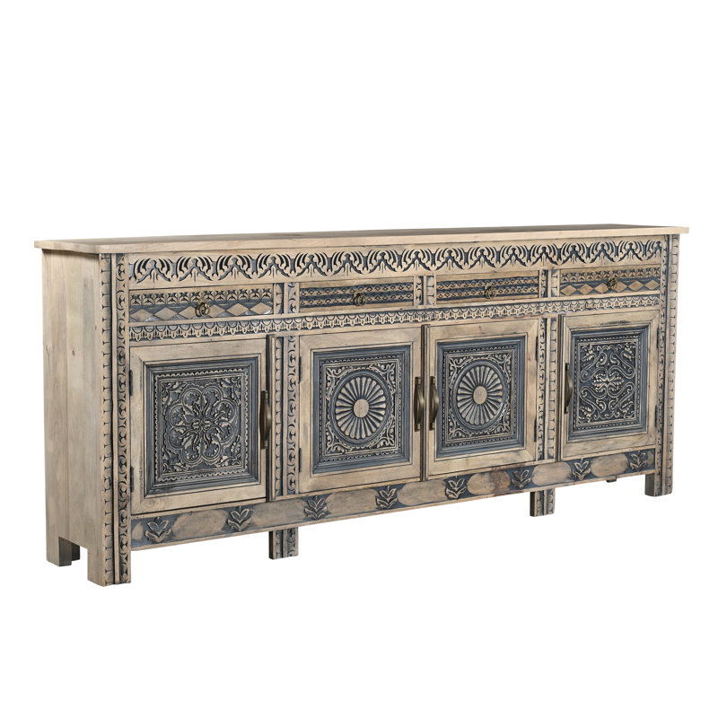 Buffet 102 po à quatre tiroirs en bois massif vieilli naturel et noir