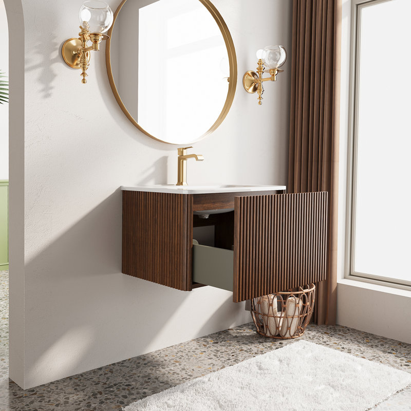 Meuble-lavabo simple mural et flottant avec lavabo en céramique, Noyer, 24"