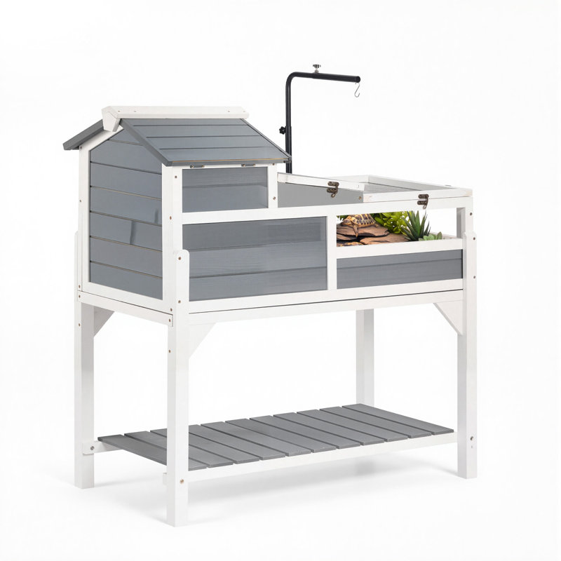 Enclos pour tortues en bois de 4 pièces avec support de lampe réglable, pour petits animaux d'intérieur et d'extérieur, 2 étages et rampe, grand enclos pour tortues et reptiles avec tablette de rangement et toit ouvrant.