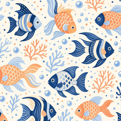 Papier peint adhésif à motif de poissons bleus abstraits et abstraits à la main