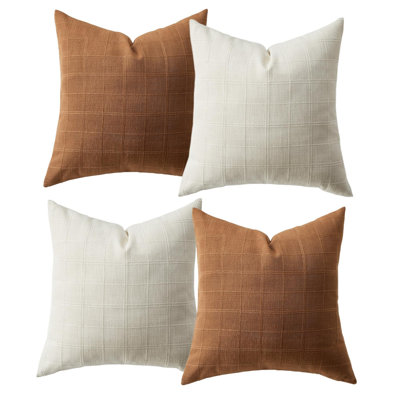 4 Pack Chenille Check Throw Pillow Covers 18x18 Inch, Decorative Square Cushion Covers Set in 2 Beige/2 Orange Farmhouse Modern Boho Home Decor for Sofa Couch